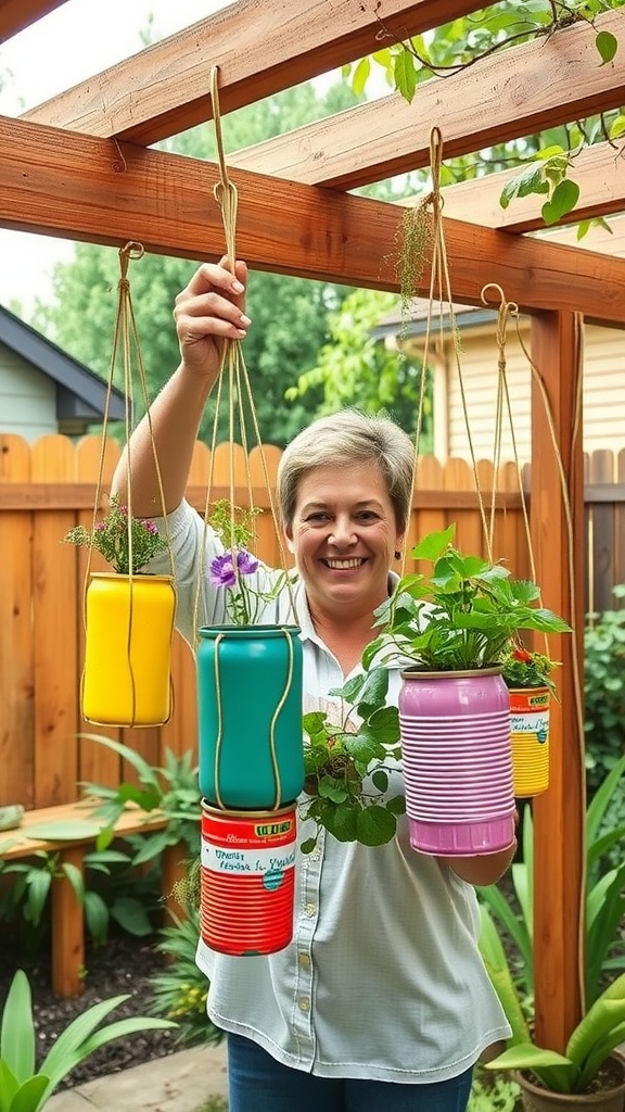 A woman holding colorful hanging planters made from recycled items, showcasing a garden project.