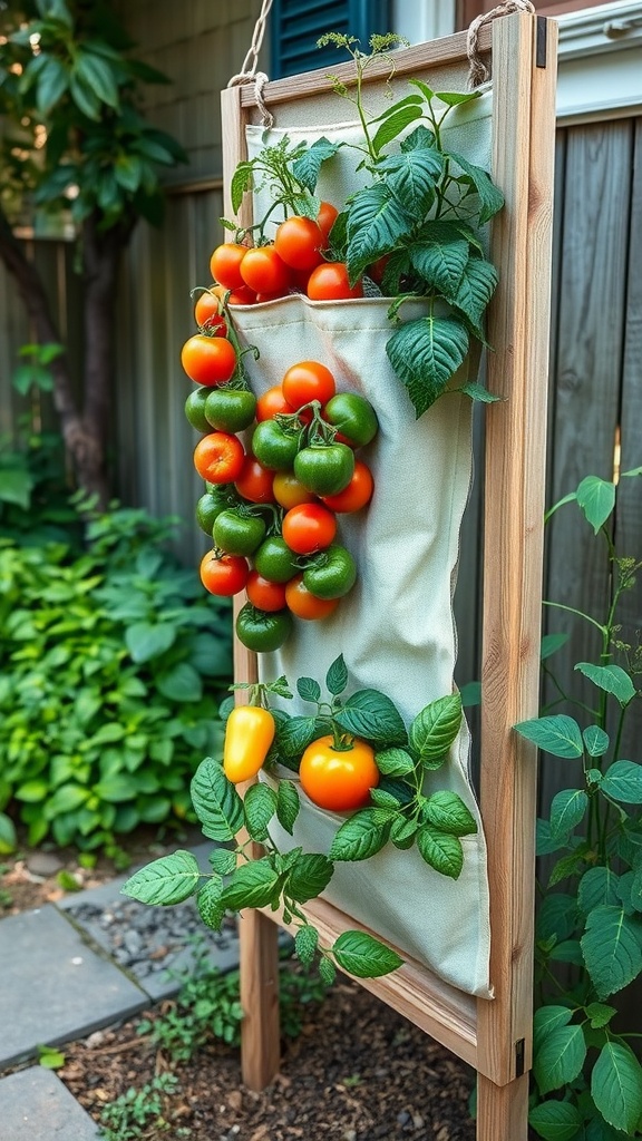 A vertical hanging garden filled with colorful tomatoes and peppers.