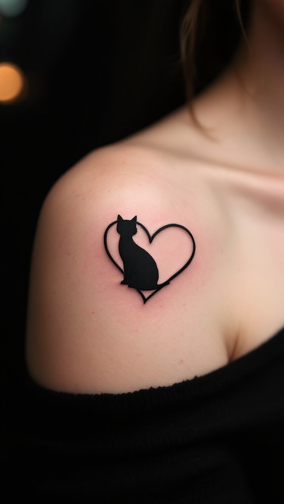 A heart-shaped outline with a cat silhouette inside, tattooed on the shoulder.