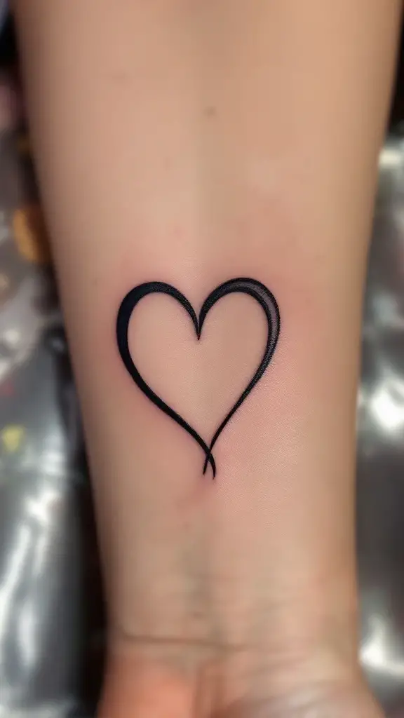 A simple heart tattoo on a person's forearm.