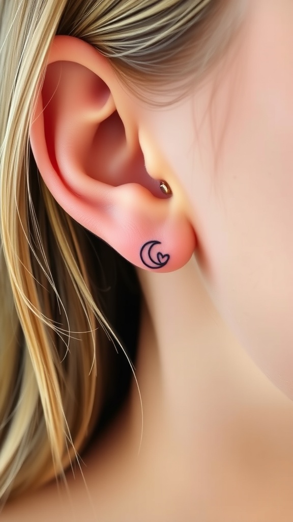 A tiny heart and moon tattoo on the ear.