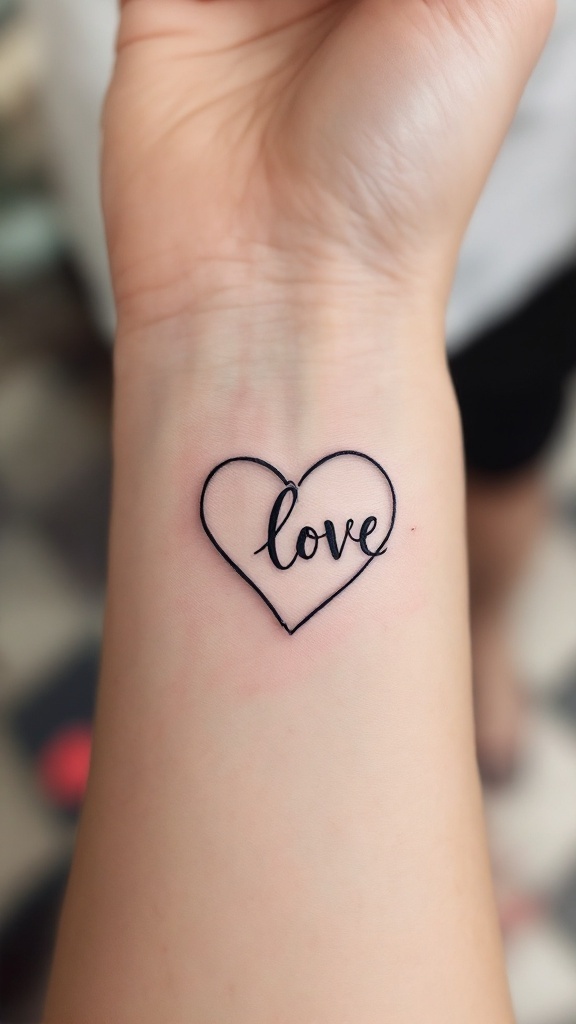 A heart tattoo with the word 'love' inside on a wrist.