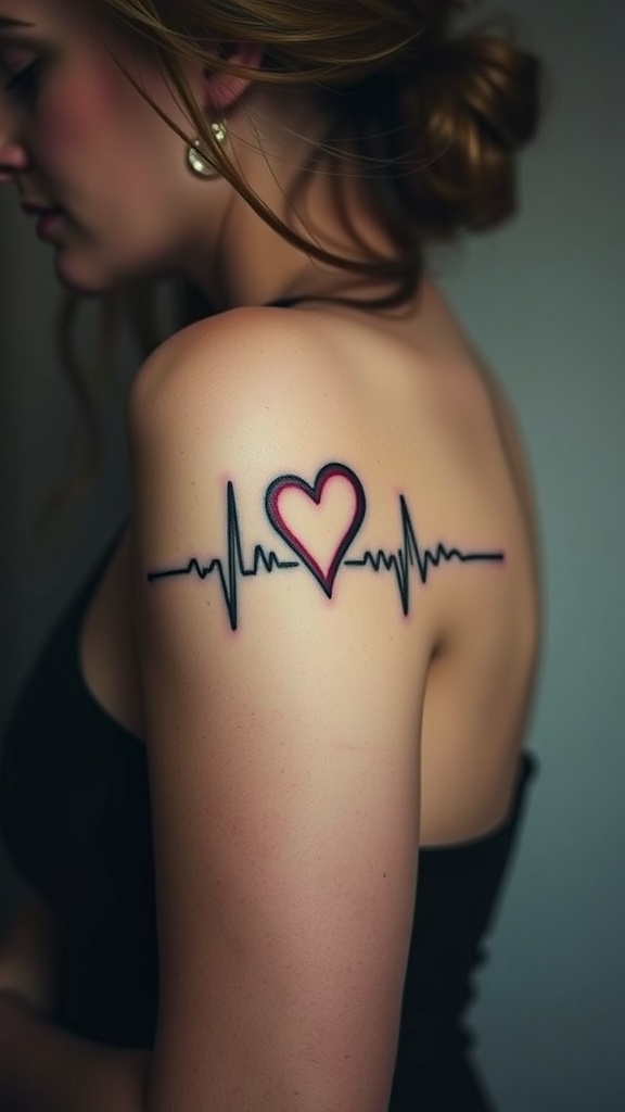 Tattoo of a heartbeat line with a heart and name on a person's shoulder