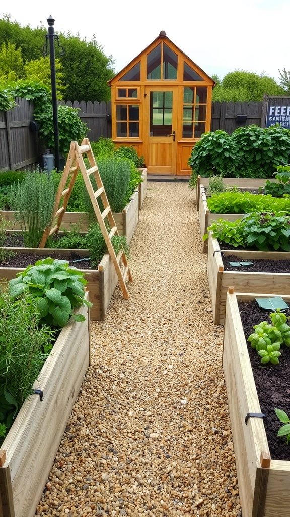 A well-organized herb and vegetable garden with raised beds and a charming shed.