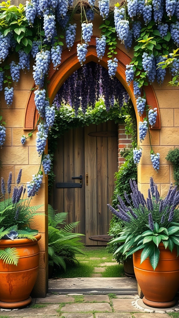 An enchanting hidden archway entrance adorned with blue flowers and lush greenery.