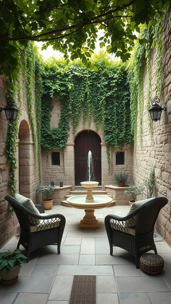 A serene hidden courtyard with a fountain and comfortable seating surrounded by greenery.