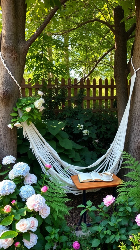 A serene hidden garden nook featuring a hammock strung between two trees, surrounded by flowers and a small table with an open book and a cup of tea.