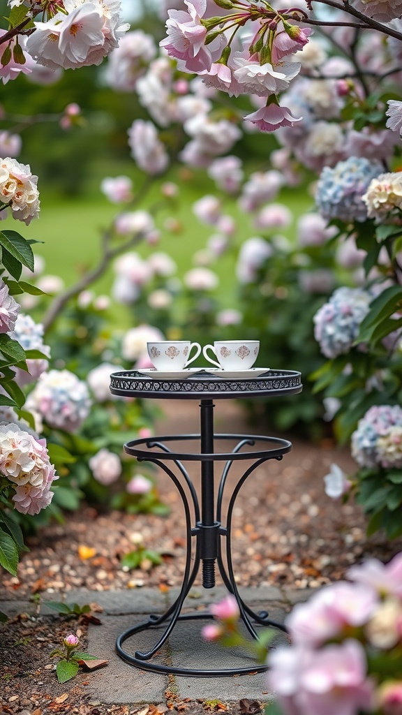 A charming hidden tea garden with a small table set for tea surrounded by blooming flowers.