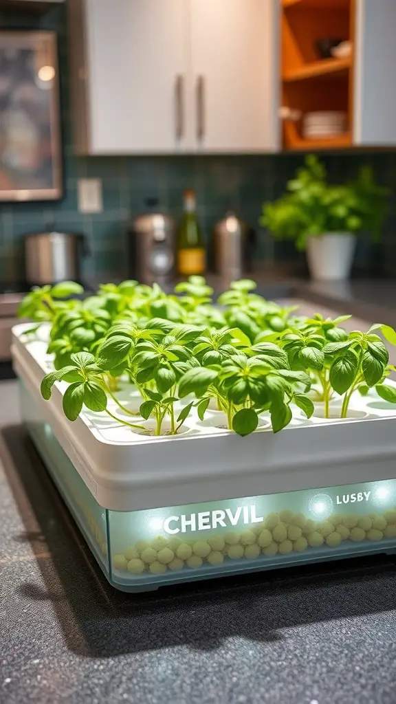 Indoor hydroponic herb garden with thriving basil plants