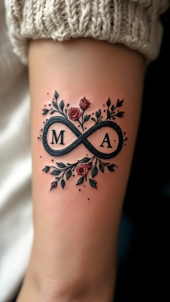 Tattoo of an infinity symbol with initials M and A, surrounded by roses.