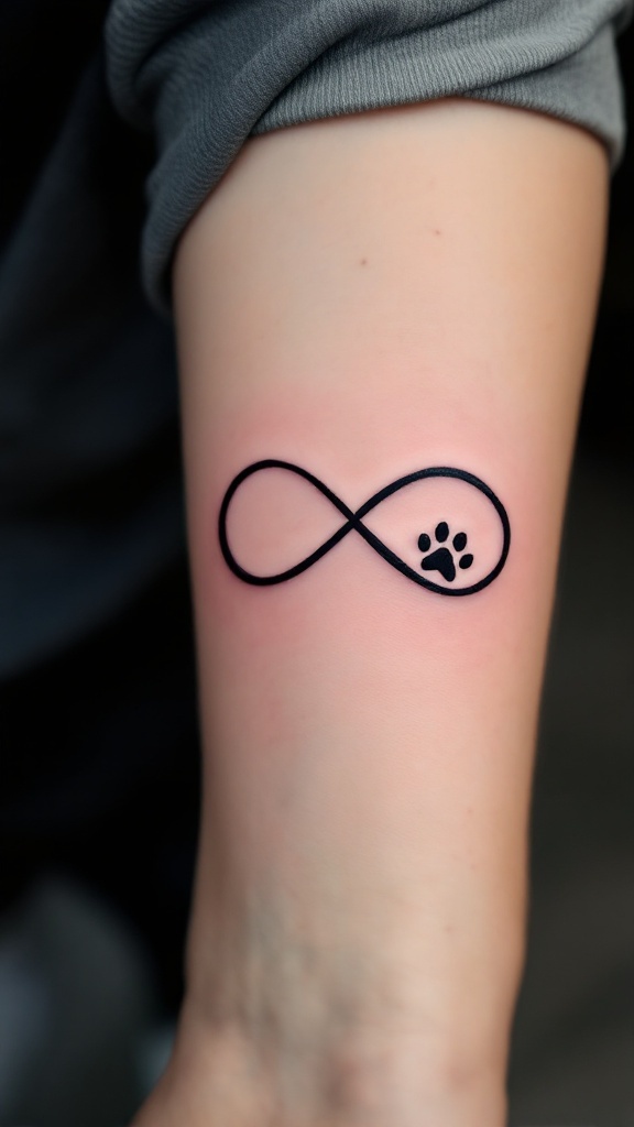 Infinity symbol with a paw print tattoo on a person's arm