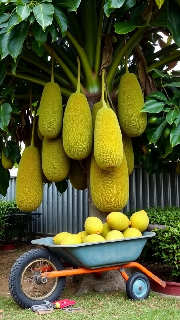 A jackfruit tree with multiple large jackfruits hanging and a wheelbarrow filled with jackfruits.