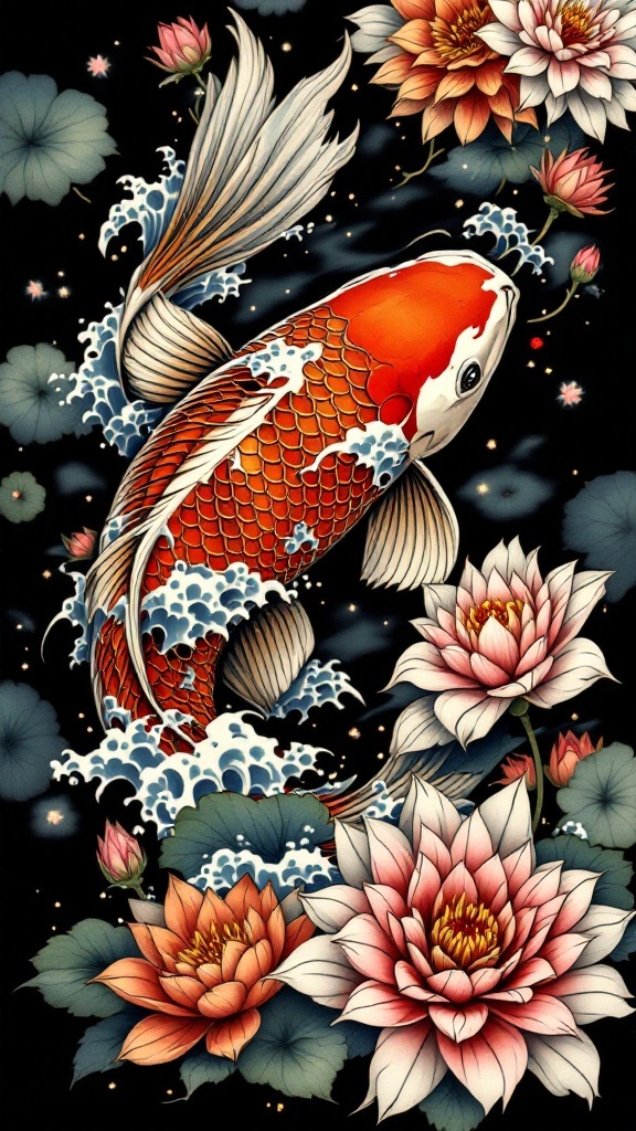 A colorful tattoo design featuring a koi fish swimming amidst lotus flowers