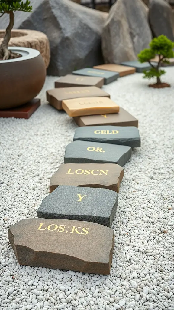 A Japanese Zen garden pathway made of uniquely shaped stones, surrounded by gravel and plants.