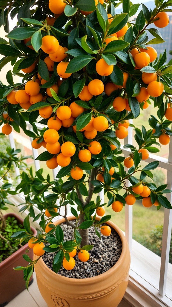 A kumquat tree in a container, heavily laden with bright orange fruits.