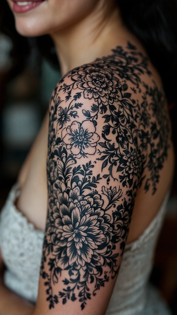 Large ornamental lace tattoo covering the shoulder and upper arm.