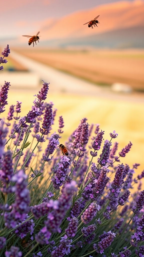 Lavender flowers with bees buzzing around them in a field.