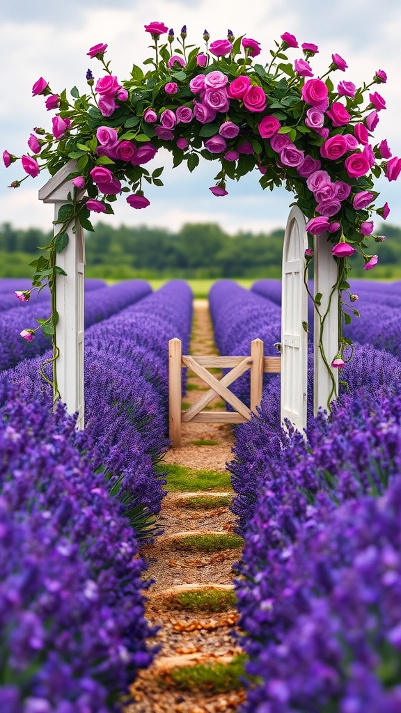 A beautiful lavender field with an archway decorated with roses.