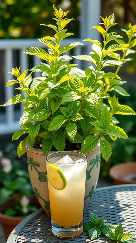 A pot of lemon balm beside a refreshing drink with a lemon slice.