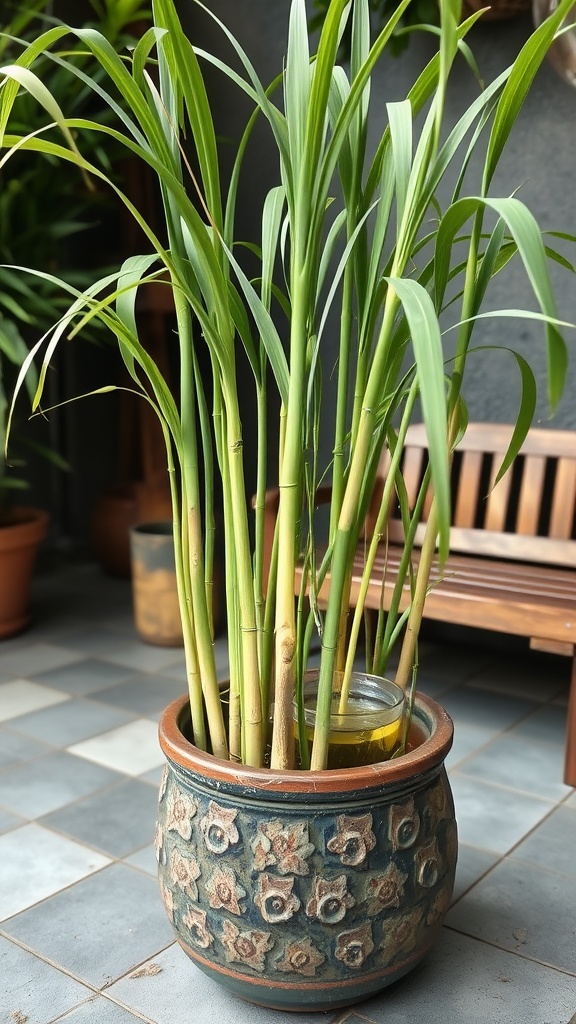 A pot of vibrant lemongrass growing indoors.