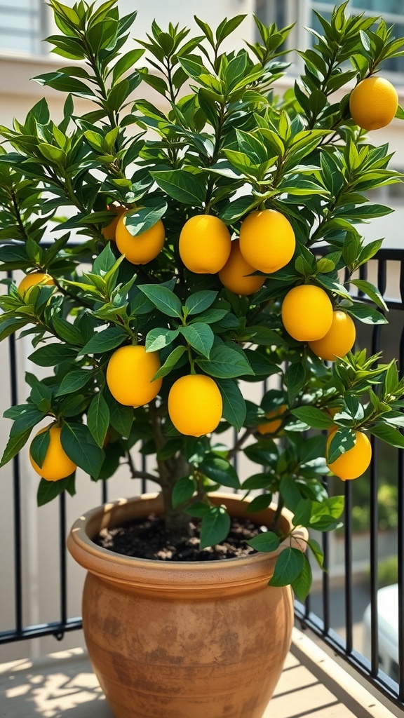 A healthy lemon tree in a pot with several yellow lemons hanging on its branches.