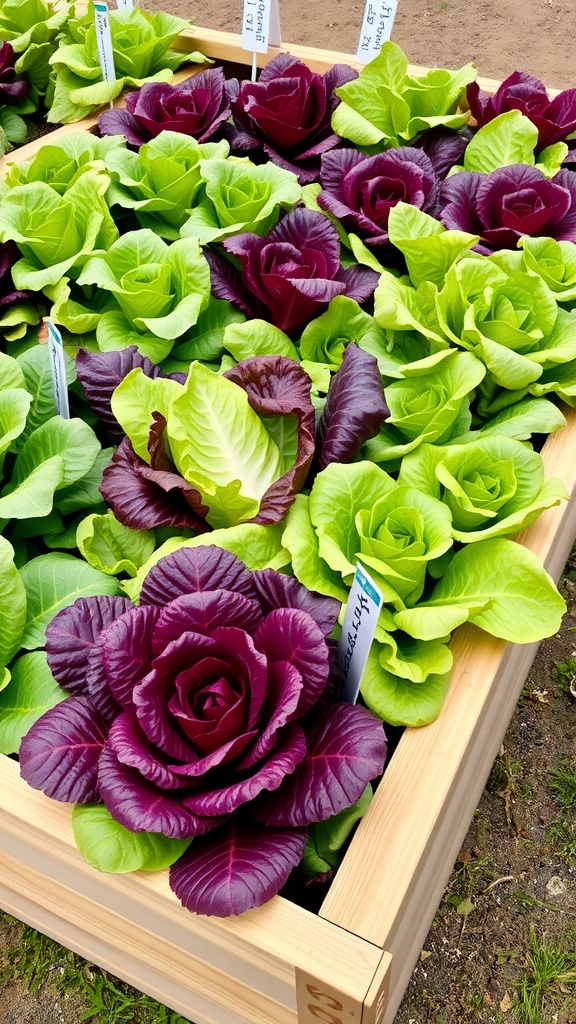 A vibrant array of green and purple lettuce heads in a wooden garden bed