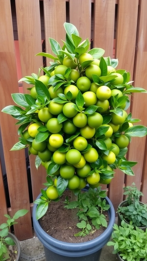 A vibrant container lime tree filled with green limes and lush leaves.