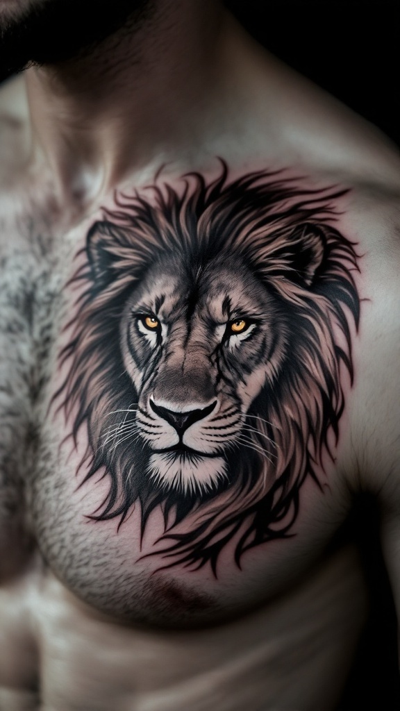 A detailed lion head tattoo on a man's chest, showcasing bold lines and vibrant colors.