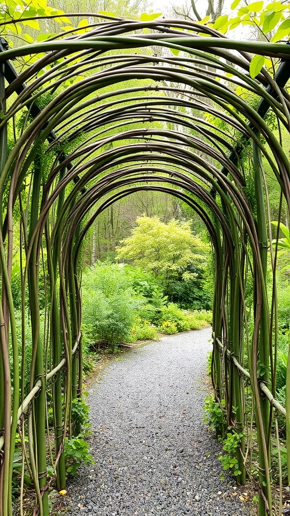 A pathway framed by a lush living willow trellis, leading into a vibrant garden.