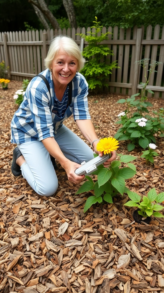 A smiling woman kneeling in a garden, surrounded by mulch and flowers, capturing a moment with a sunflower.