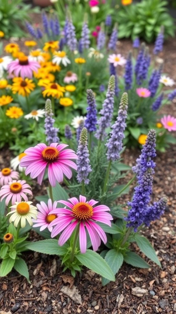 A vibrant flower bed featuring a mix of colorful perennial flowers including purple, yellow, and pink blooms.