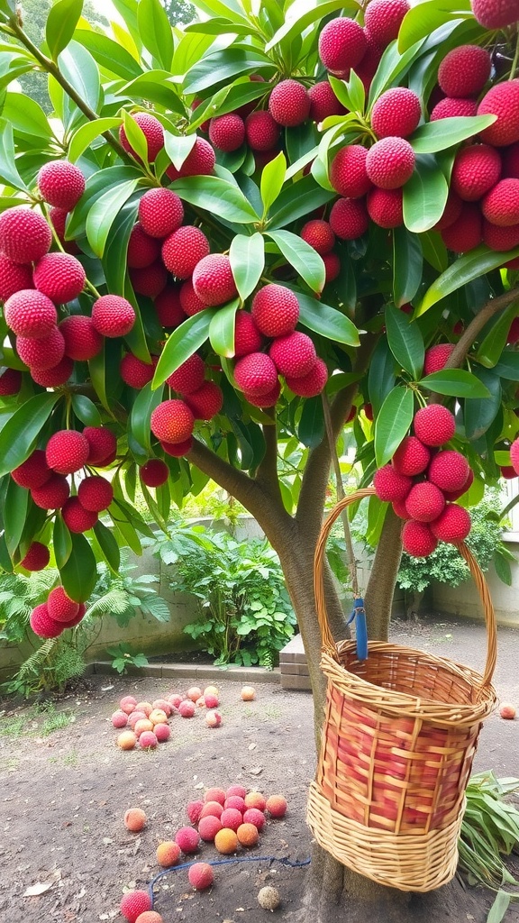 A lychee tree with ripe fruits and a basket.