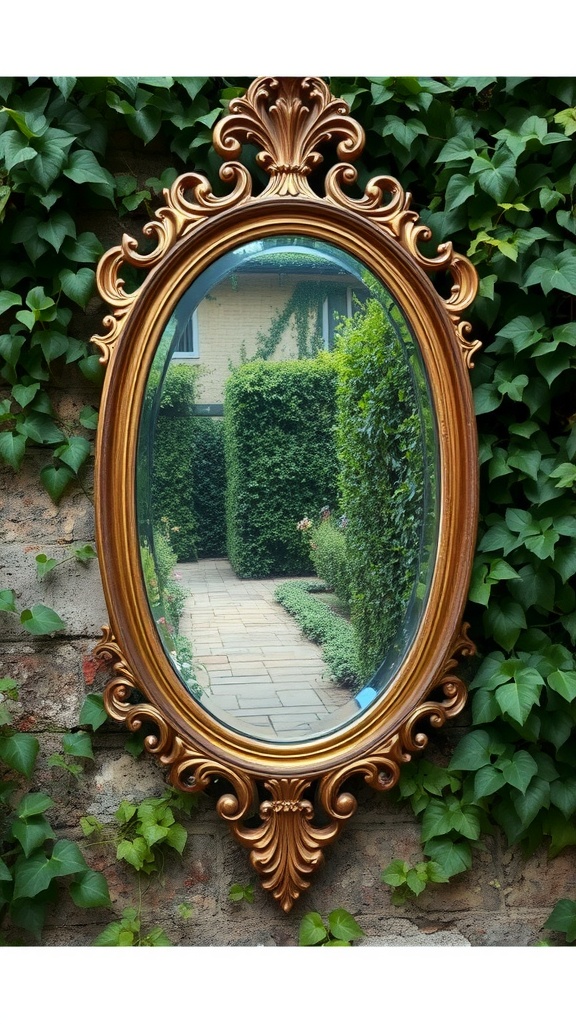 An ornate golden mirror surrounded by lush green ivy, reflecting a garden path.