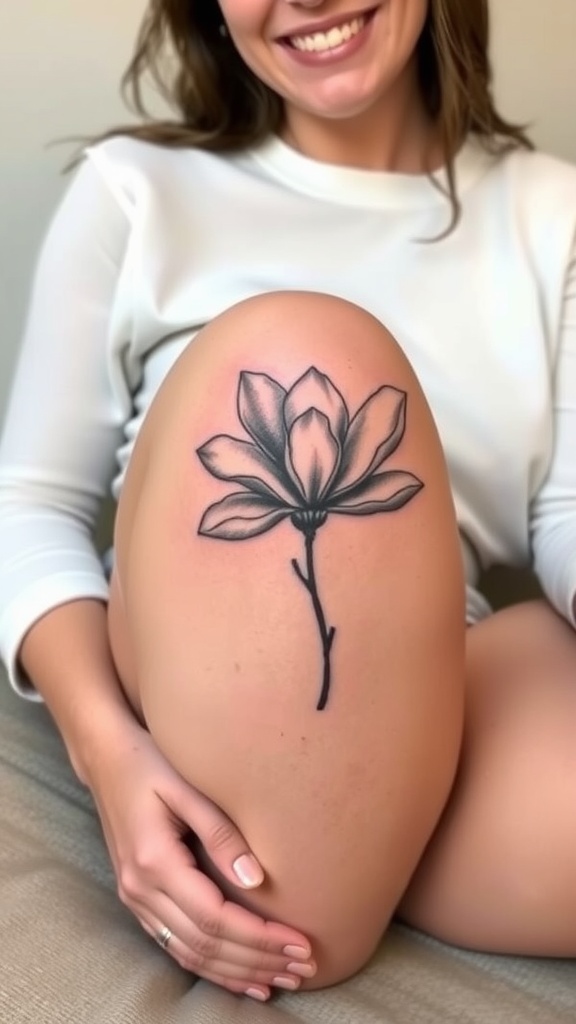 A close-up of a thigh tattoo featuring a magnolia flower, showcasing fine line details.