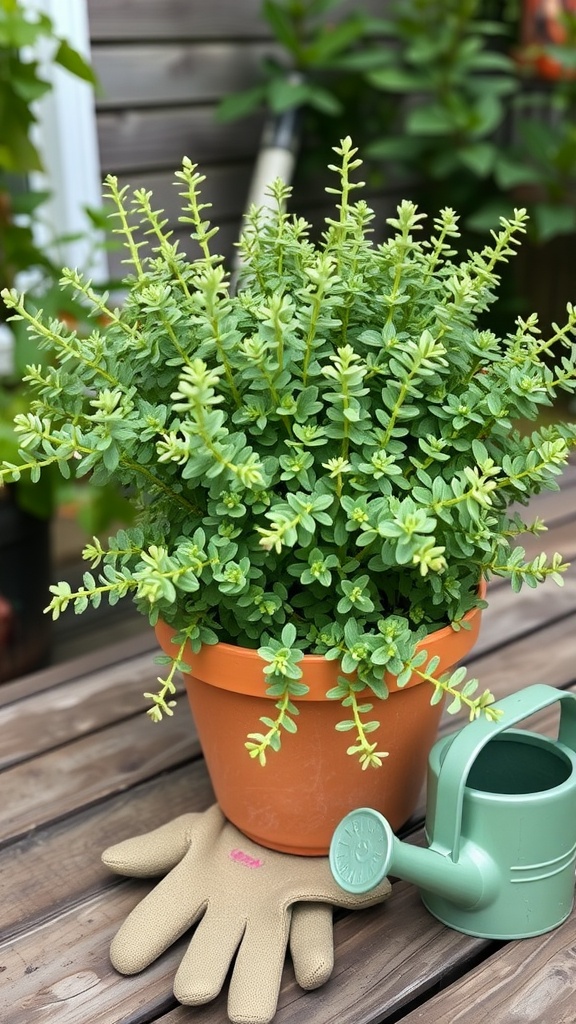 A lush marjoram plant in a pot on a wooden table, with gardening gloves and a watering can beside it.