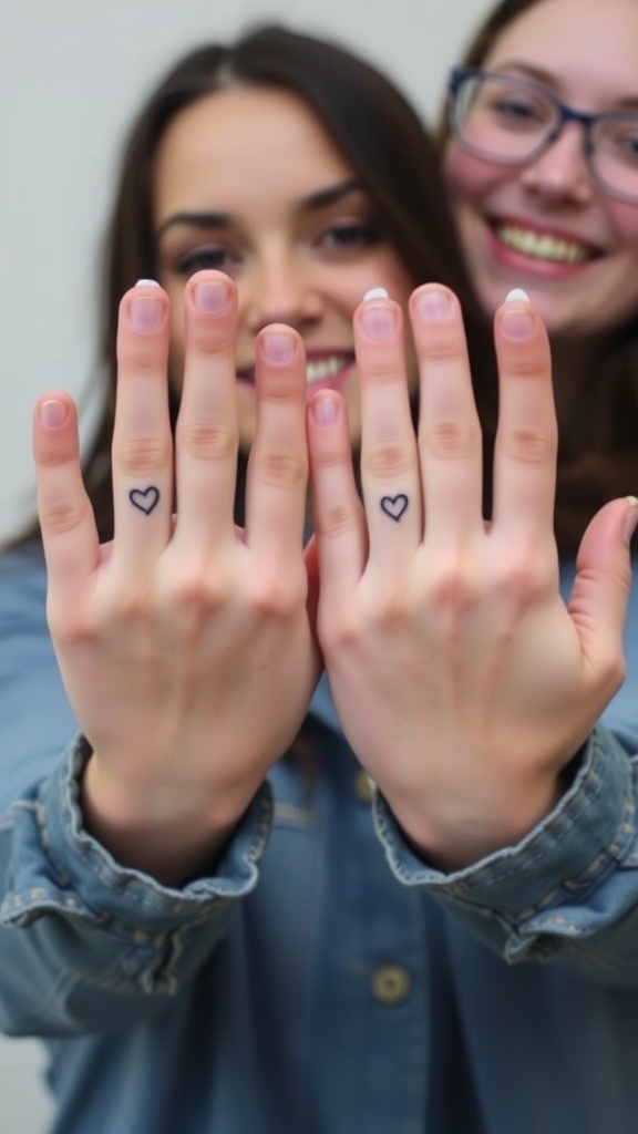 Two friends showing their matching tiny heart tattoos on their fingers.