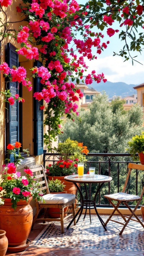 A colorful Mediterranean-inspired balcony with flowers and a small table.