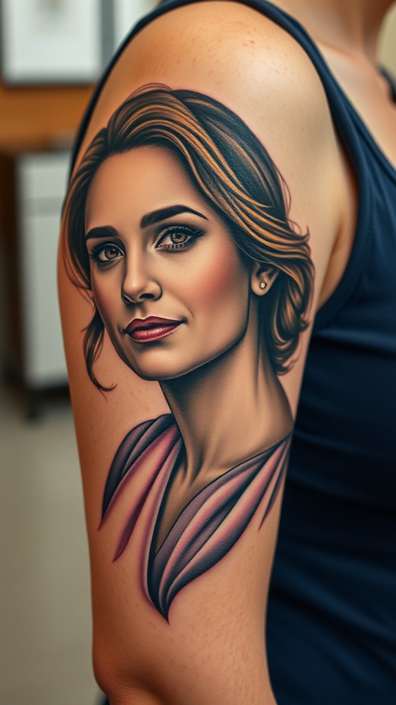 A memorial portrait tattoo on a person's arm featuring a detailed image of a woman.