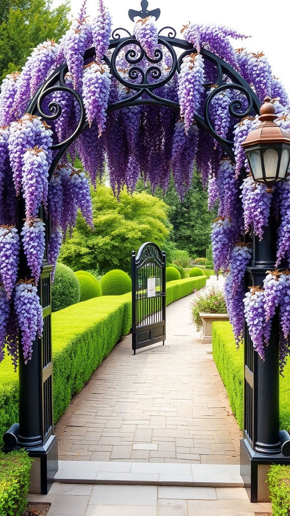 A metal arch trellis adorned with cascading purple wisteria flowers, leading into a manicured garden.