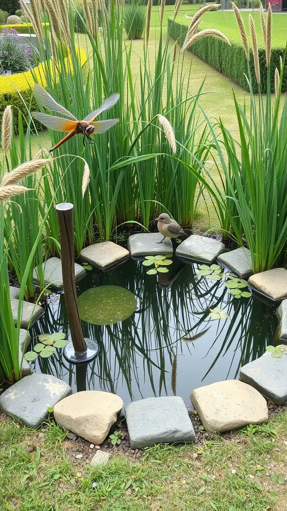 A mini pond with rocks surrounded by tall grass, featuring a bird and a dragonfly.
