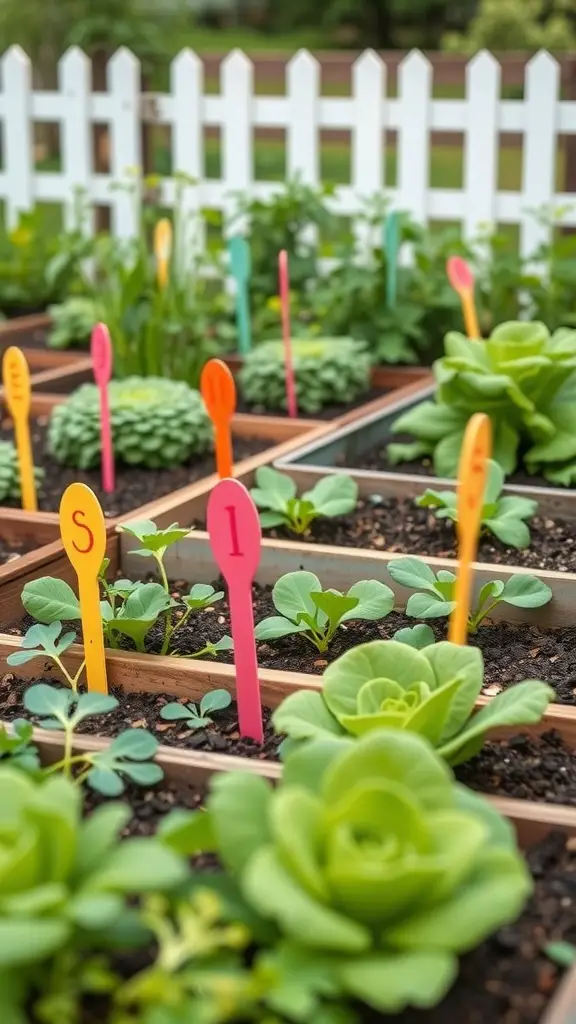 A mini potager garden with colorful plant markers and various green plants.