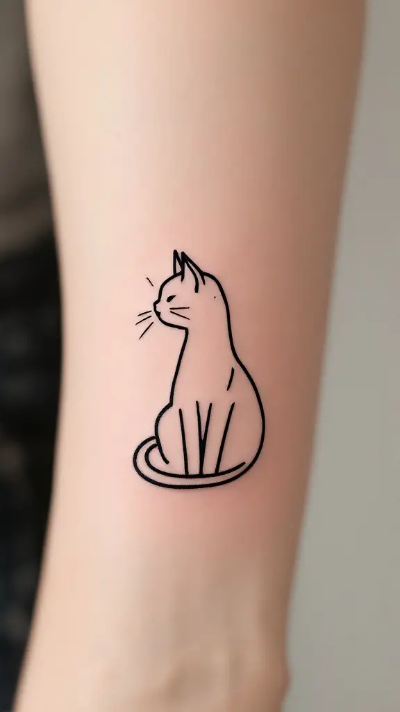 A minimalist outline tattoo of a sitting cat on a person's forearm.