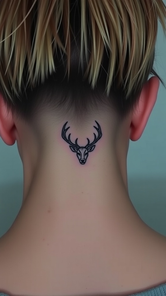 A minimalist tattoo of deer antlers on the nape of someone's neck.