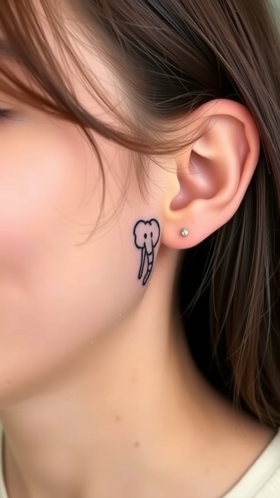 A minimalist elephant silhouette tattoo on a woman's cheek.