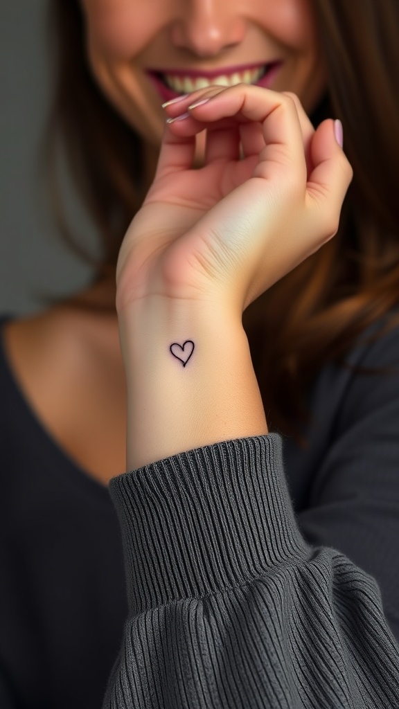 A close-up of a minimalist outline heart tattoo on a woman's wrist.