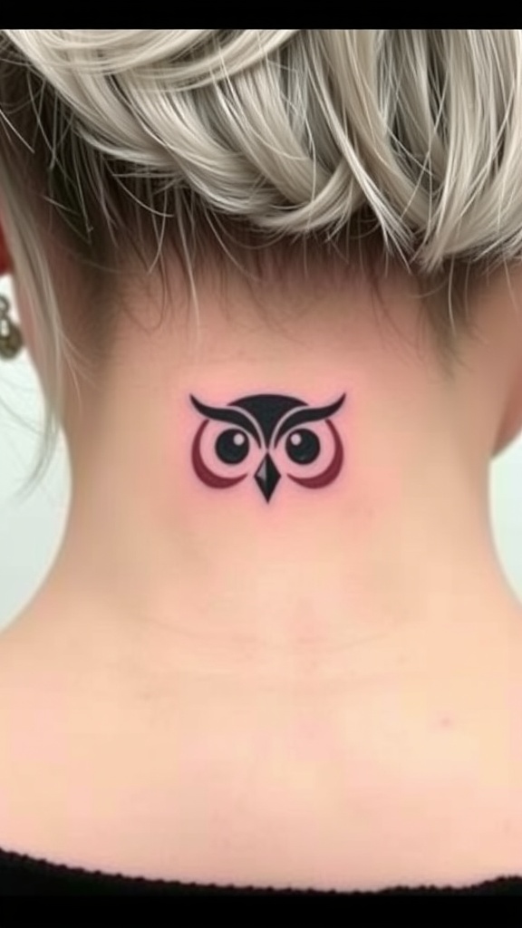 Minimalist owl face tattoo at the nape of the neck