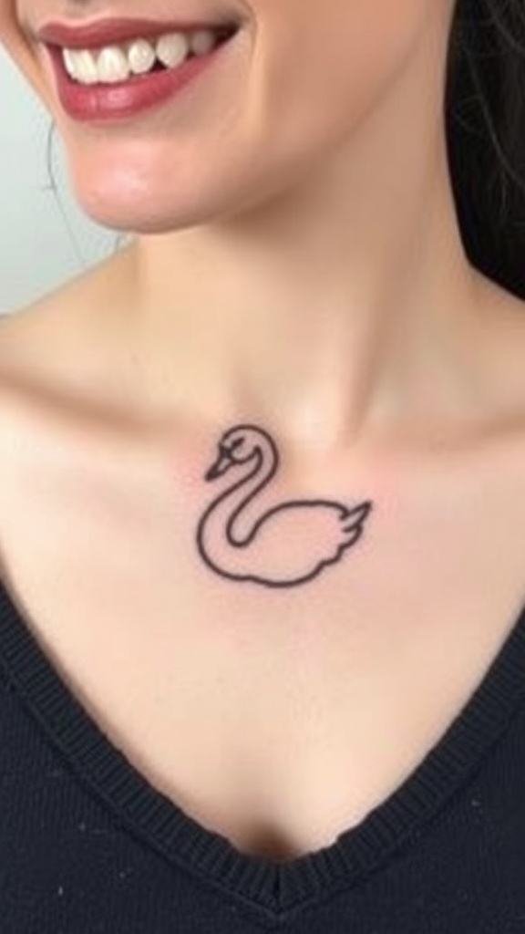 A minimalist swan tattoo on a woman's neck.