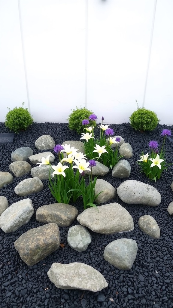 A minimalist flower bed featuring white and purple flowers surrounded by smooth stones and dark gravel.