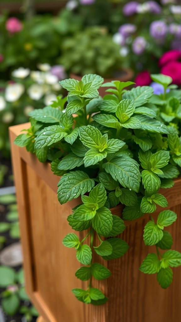 A lush mint plant thriving in a wooden planter with colorful flowers in the background.