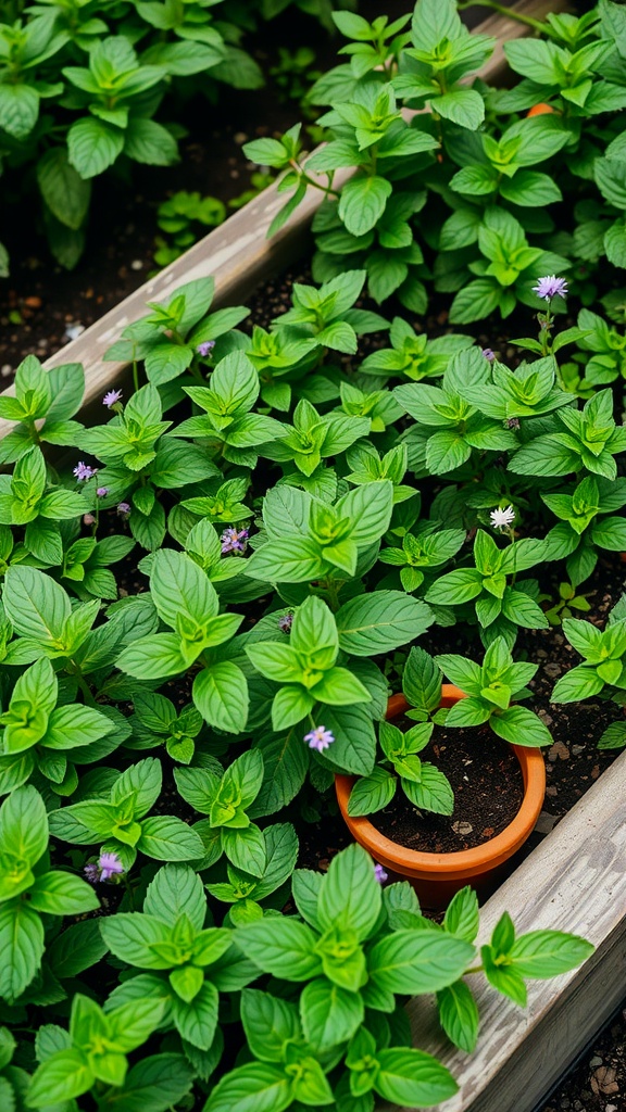 A lush garden bed filled with vibrant green mint plants, showcasing their healthy leaves and small flowers.